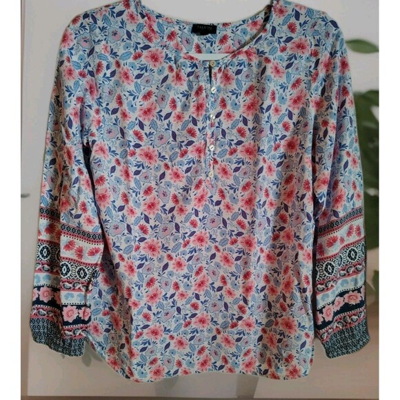 Talbots Petite Size MP Botanical Henley Blouse Blue/Pink Floral Rayon - Picture 1 of 9